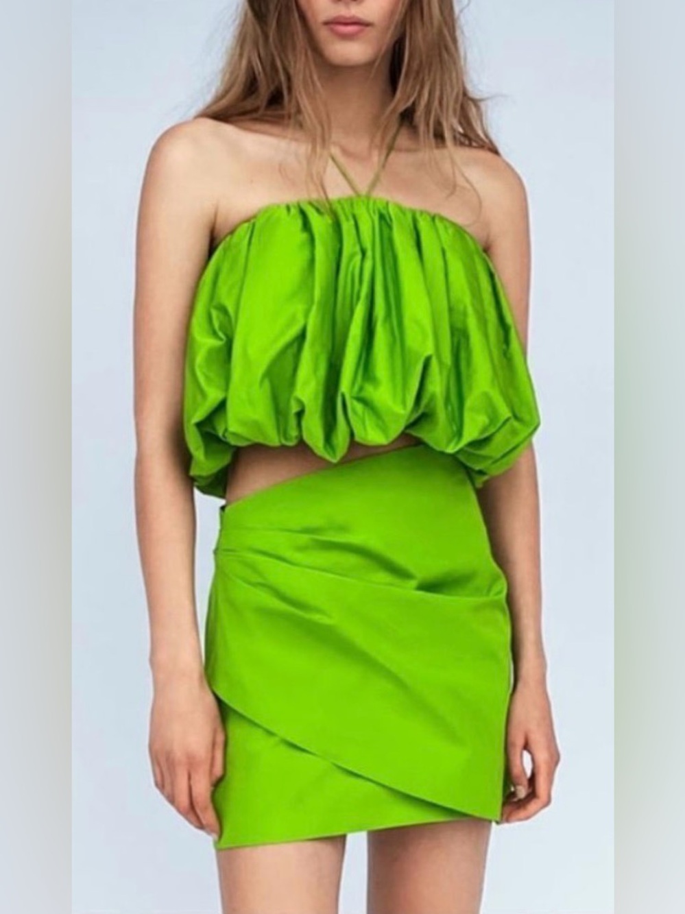ZARA Limited Edition 2-piece set strapless bubble top, draped mini skirt Green S - Picture 2 of 13